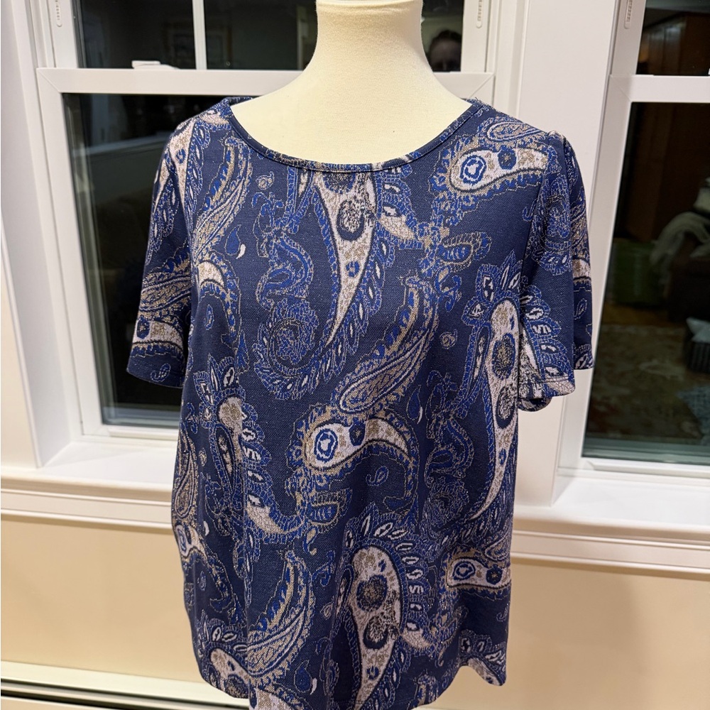 Anthropologie Navy and Cream Paisley Short-Sleeve Blouse